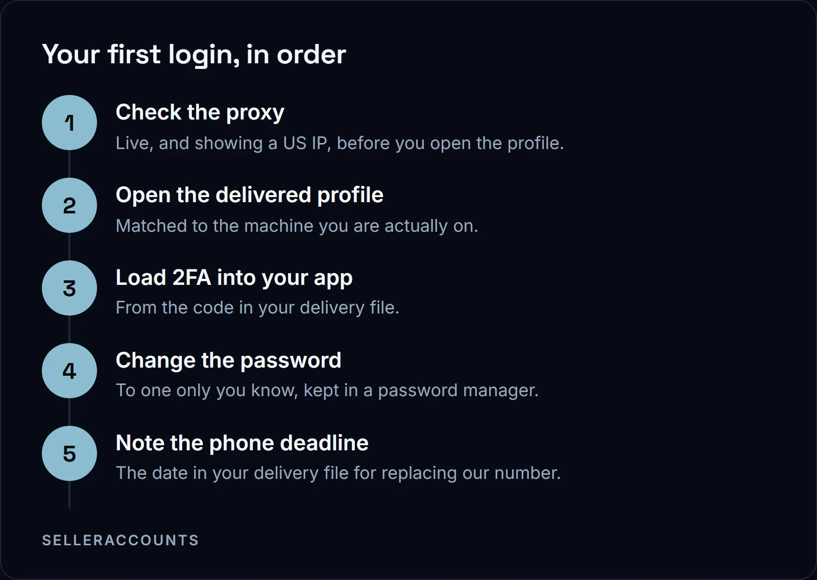 Your first login, in order. Check the proxy - Live, and showing a US IP, before you open the profile.; Open the delivered profile - Matched to the machine you are actually on.; Load 2FA into your app - From the code in your delivery file.; Change the password - To one only you know, kept in a password manager.; Note the phone deadline - The date in your delivery file for replacing our number.