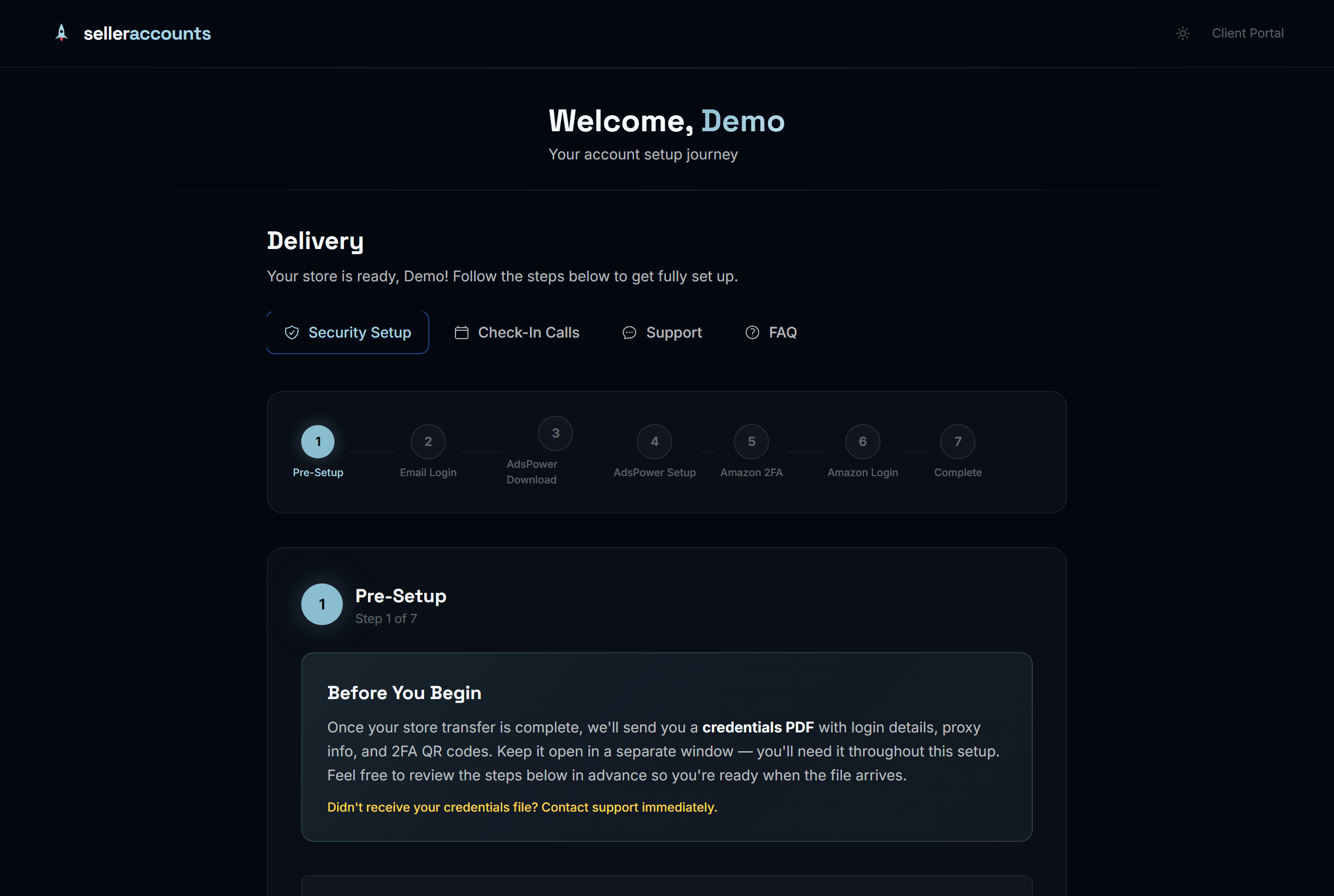 Client portal — delivery stage, guided 7-step security setup