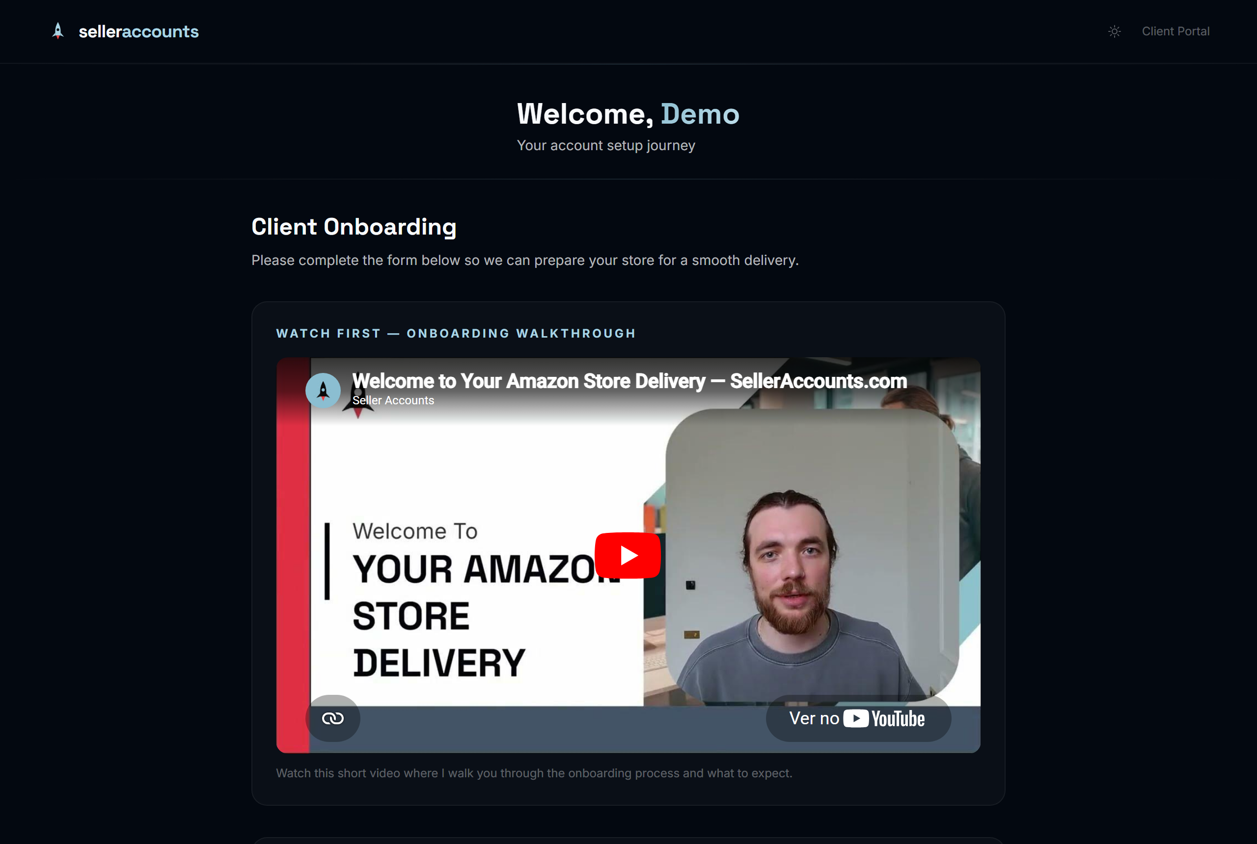 Client portal — onboarding stage with video walkthrough
