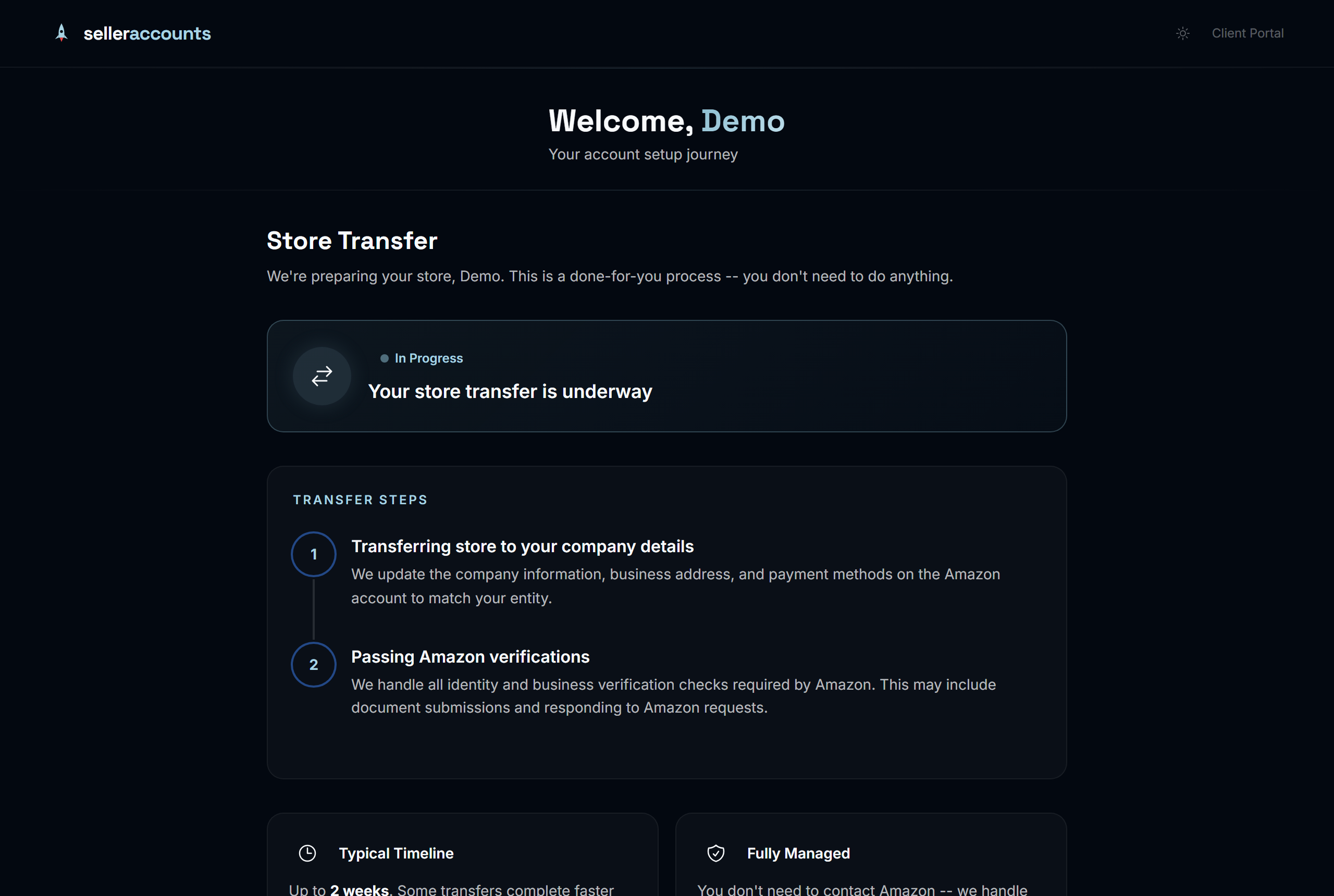 Client portal — live transfer status, done-for-you